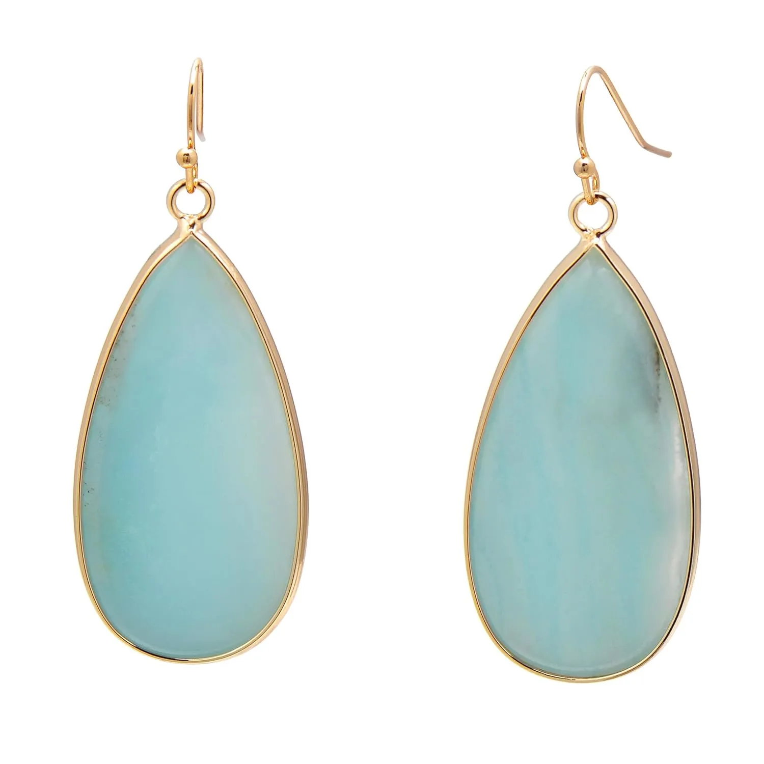 14K Yellow Gold Edged Stone Green Amazonite Flat Drop Earrings for Women