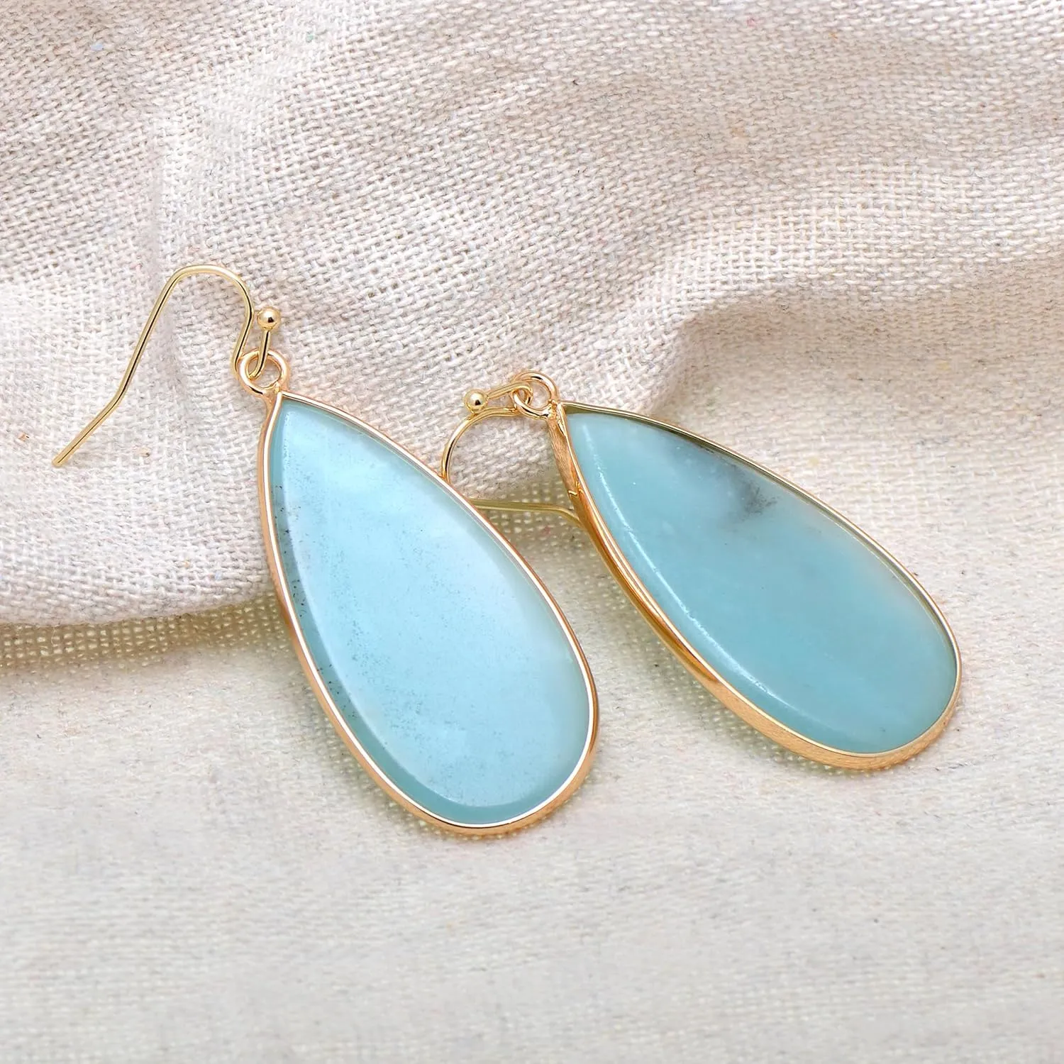 14K Yellow Gold Edged Stone Green Amazonite Flat Drop Earrings for Women