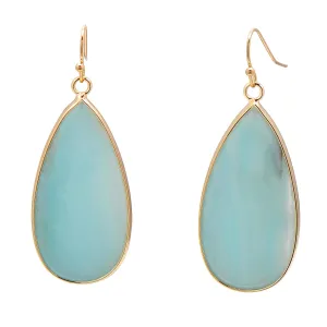 14K Yellow Gold Edged Stone Green Amazonite Flat Drop Earrings for Women