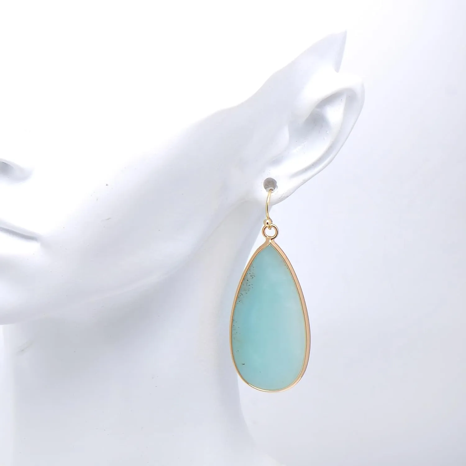 14K Yellow Gold Edged Stone Green Amazonite Flat Drop Earrings for Women