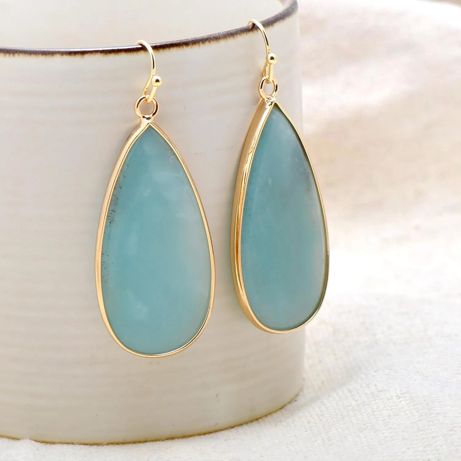 14K Yellow Gold Edged Stone Green Amazonite Flat Drop Earrings for Women