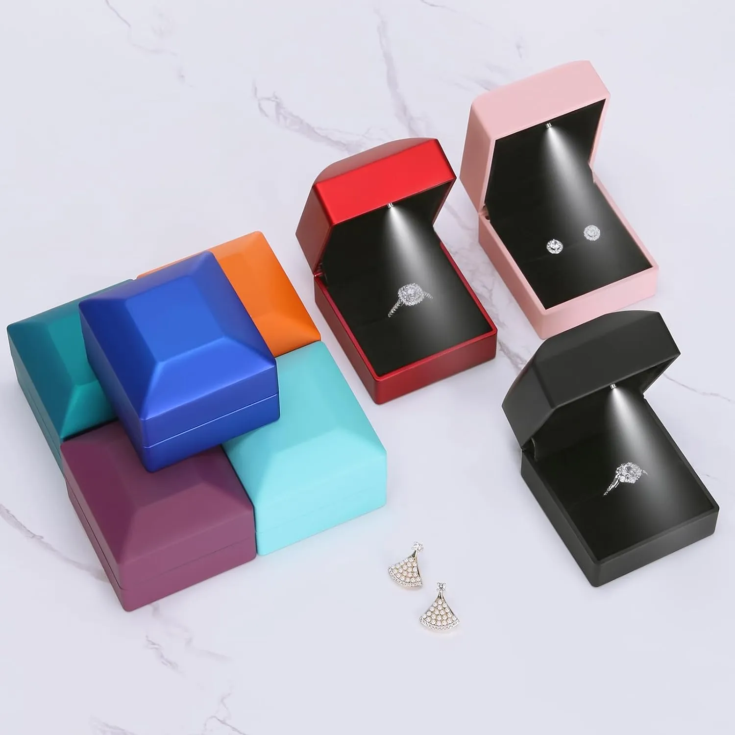 2 Pieces Ring Earring Gift Box with LED light, Elegant Velvet Ring Case Jewelry Display for Proposal, Engagement, Wedding, Gift (Black)