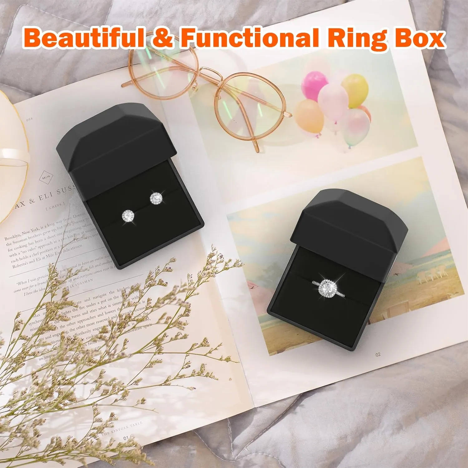2 Pieces Ring Earring Gift Box with LED light, Elegant Velvet Ring Case Jewelry Display for Proposal, Engagement, Wedding, Gift (Black)