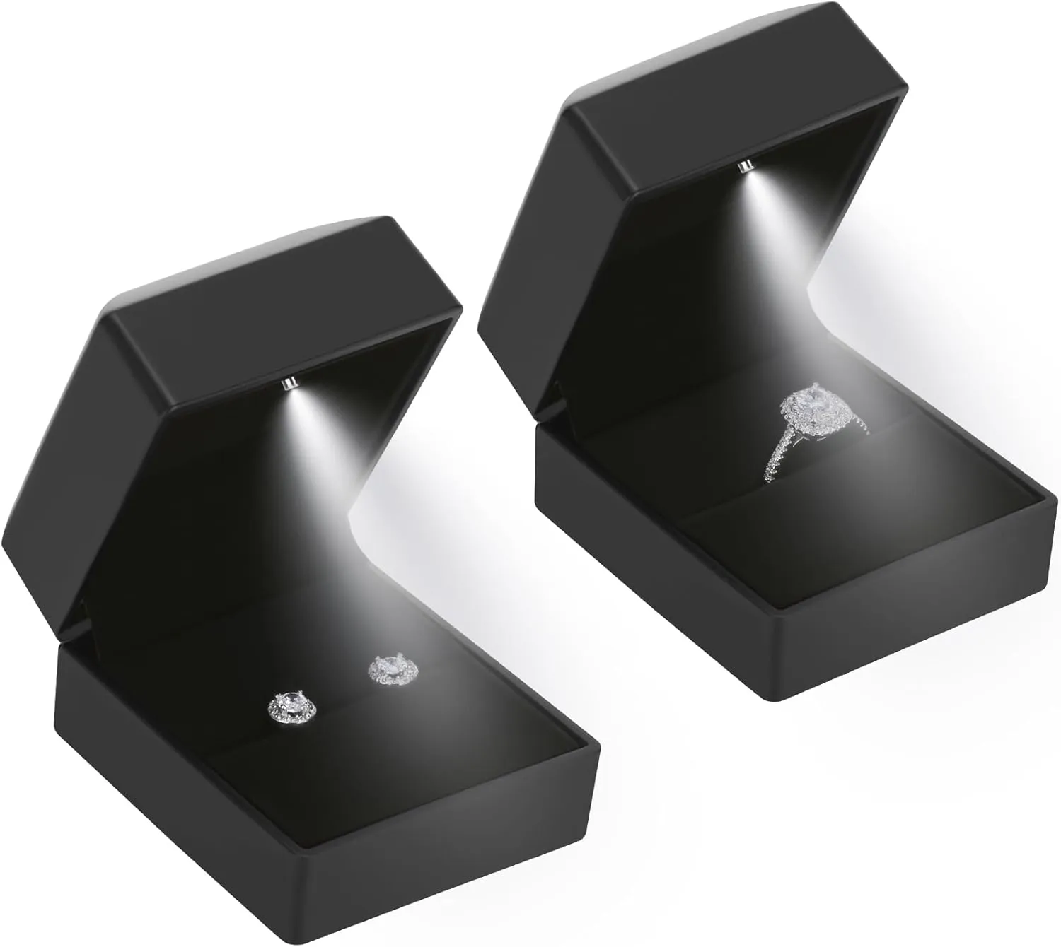 2 Pieces Ring Earring Gift Box with LED light, Elegant Velvet Ring Case Jewelry Display for Proposal, Engagement, Wedding, Gift (Black)
