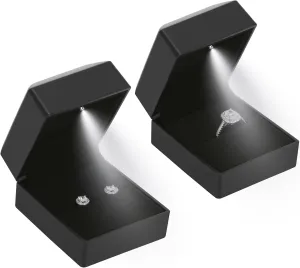 2 Pieces Ring Earring Gift Box with LED light, Elegant Velvet Ring Case Jewelry Display for Proposal, Engagement, Wedding, Gift (Black)