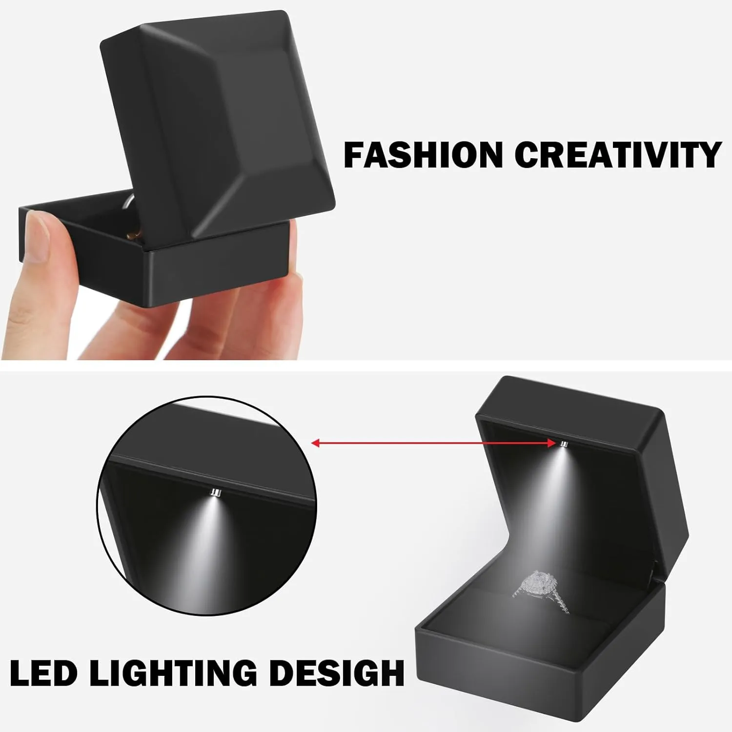 2 Pieces Ring Earring Gift Box with LED light, Elegant Velvet Ring Case Jewelry Display for Proposal, Engagement, Wedding, Gift (Black)