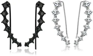 2Pairs Set Black Clear 7 Crystal CZ Ear Cuff Wrap Crawler Climber Earrings for Women Cubic Zirconia Fashion Diamond Huggie Jackets Hypoallergenic