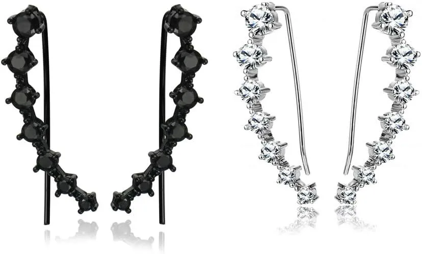 2Pairs Set Black Clear 7 Crystal CZ Ear Cuff Wrap Crawler Climber Earrings for Women Cubic Zirconia Fashion Diamond Huggie Jackets Hypoallergenic