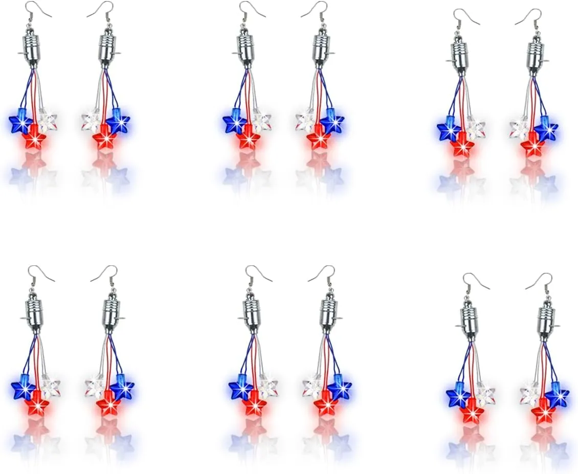 6 Pairs 4th of July LED Earrings, Patriotic Light up Earrings with Stars Red White and Blue Accessories in Quick Flashings Modes for 4th of July Party Favors, Memorial Day,Independence Day
