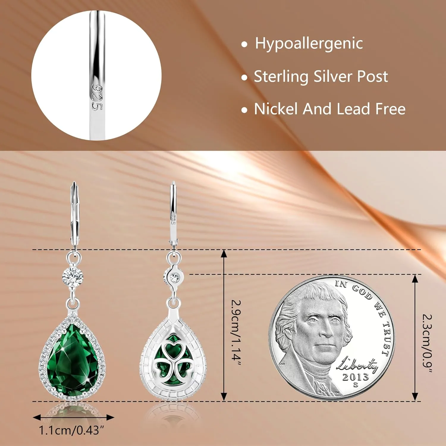 925 Sterling Silver Teardrop Dangle Earrings for Women, ALEXCRAFT Wedding Earring for Brides Emerald Green Bridal Leverback Cubic Zirconia Bridesmaid Dangling Drop Rhinestone Earings Hypoallergenic
