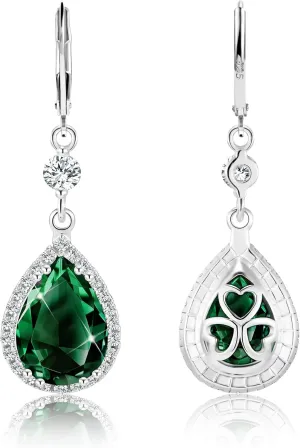 925 Sterling Silver Teardrop Dangle Earrings for Women, ALEXCRAFT Wedding Earring for Brides Emerald Green Bridal Leverback Cubic Zirconia Bridesmaid Dangling Drop Rhinestone Earings Hypoallergenic