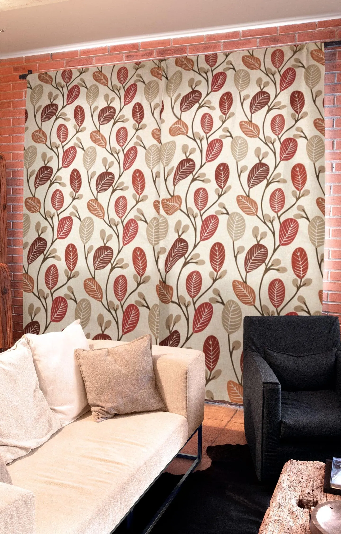 All Over Burgundy Cartoon Leaves on Light Beige Panama Fabric