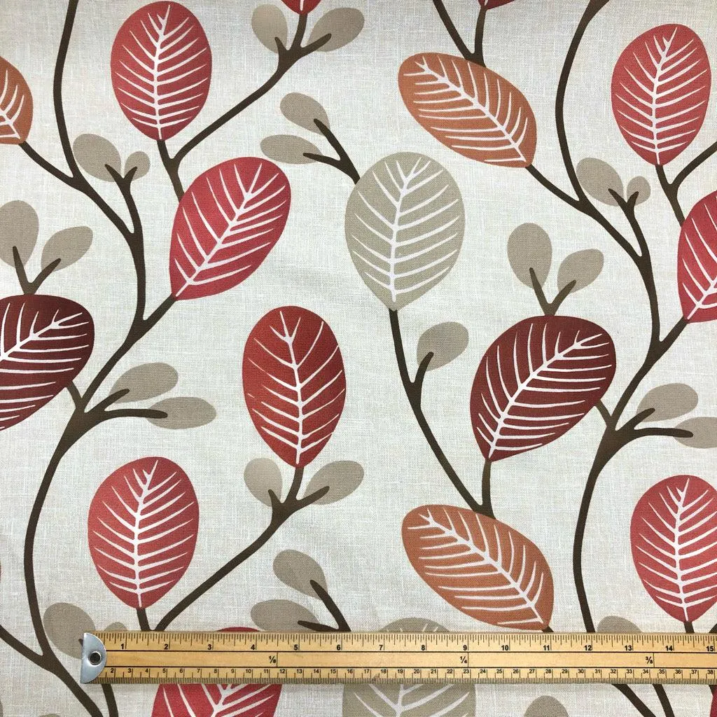 All Over Burgundy Cartoon Leaves on Light Beige Panama Fabric