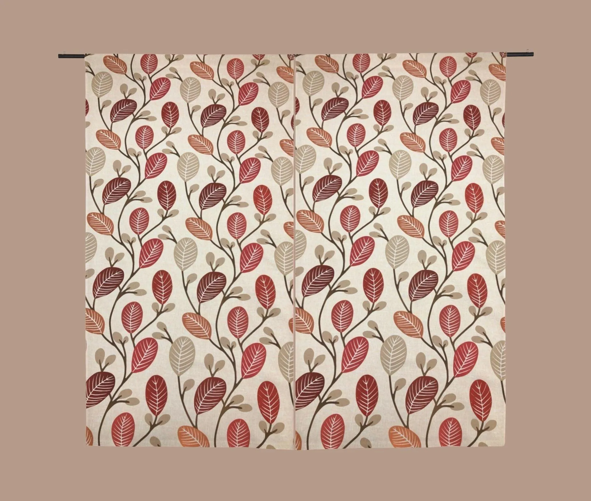 All Over Burgundy Cartoon Leaves on Light Beige Panama Fabric