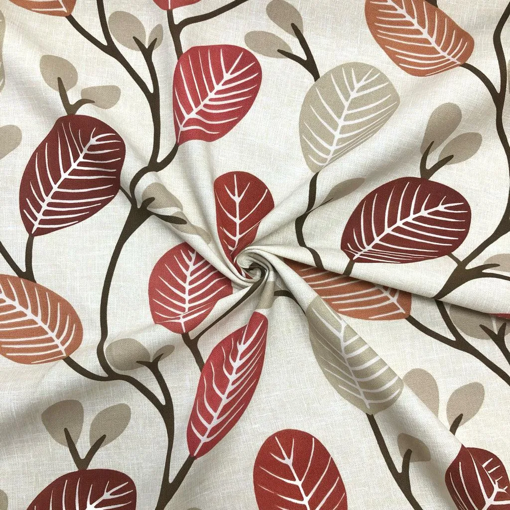 All Over Burgundy Cartoon Leaves on Light Beige Panama Fabric