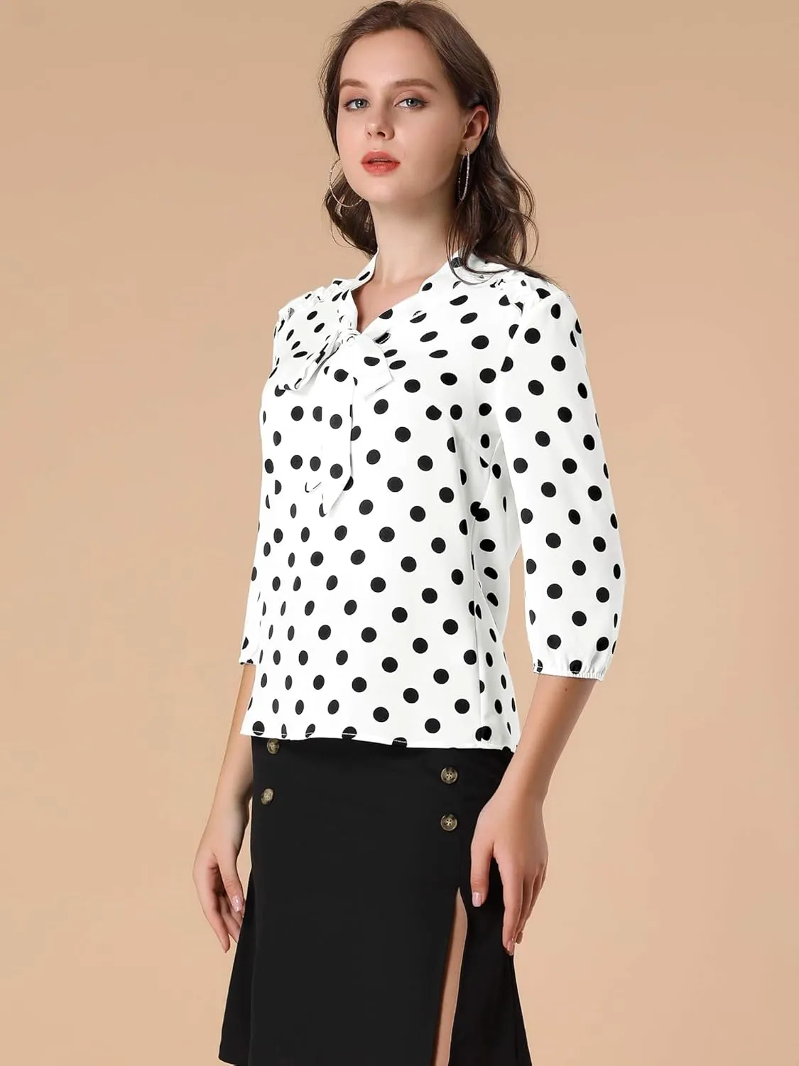 Allegra K Women's Printed Ruffle Shoulder Elastic Cuff Bow Tie Neck Blouse