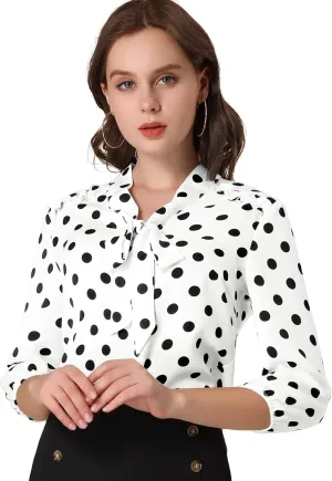 Allegra K Women's Printed Ruffle Shoulder Elastic Cuff Bow Tie Neck Blouse