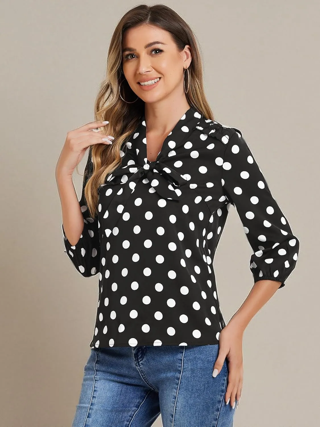 Allegra K Women's Printed Ruffle Shoulder Elastic Cuff Bow Tie Neck Blouse