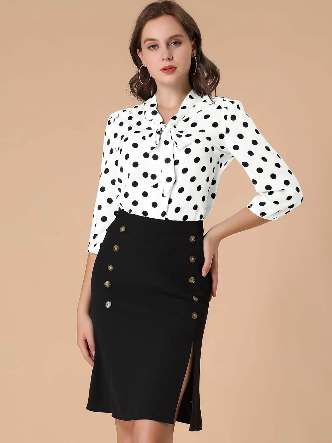 Allegra K Women's Printed Ruffle Shoulder Elastic Cuff Bow Tie Neck Blouse