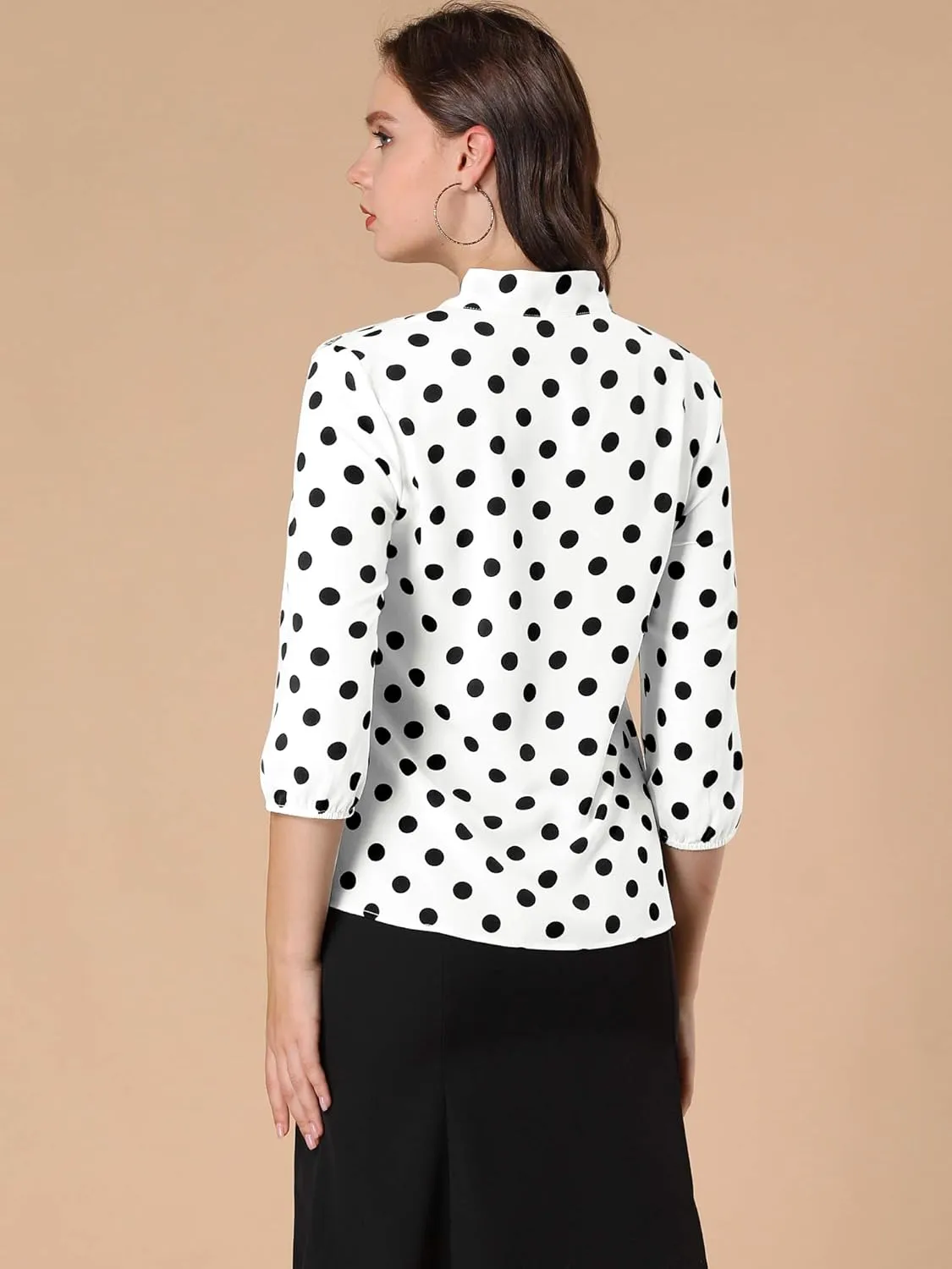 Allegra K Women's Printed Ruffle Shoulder Elastic Cuff Bow Tie Neck Blouse