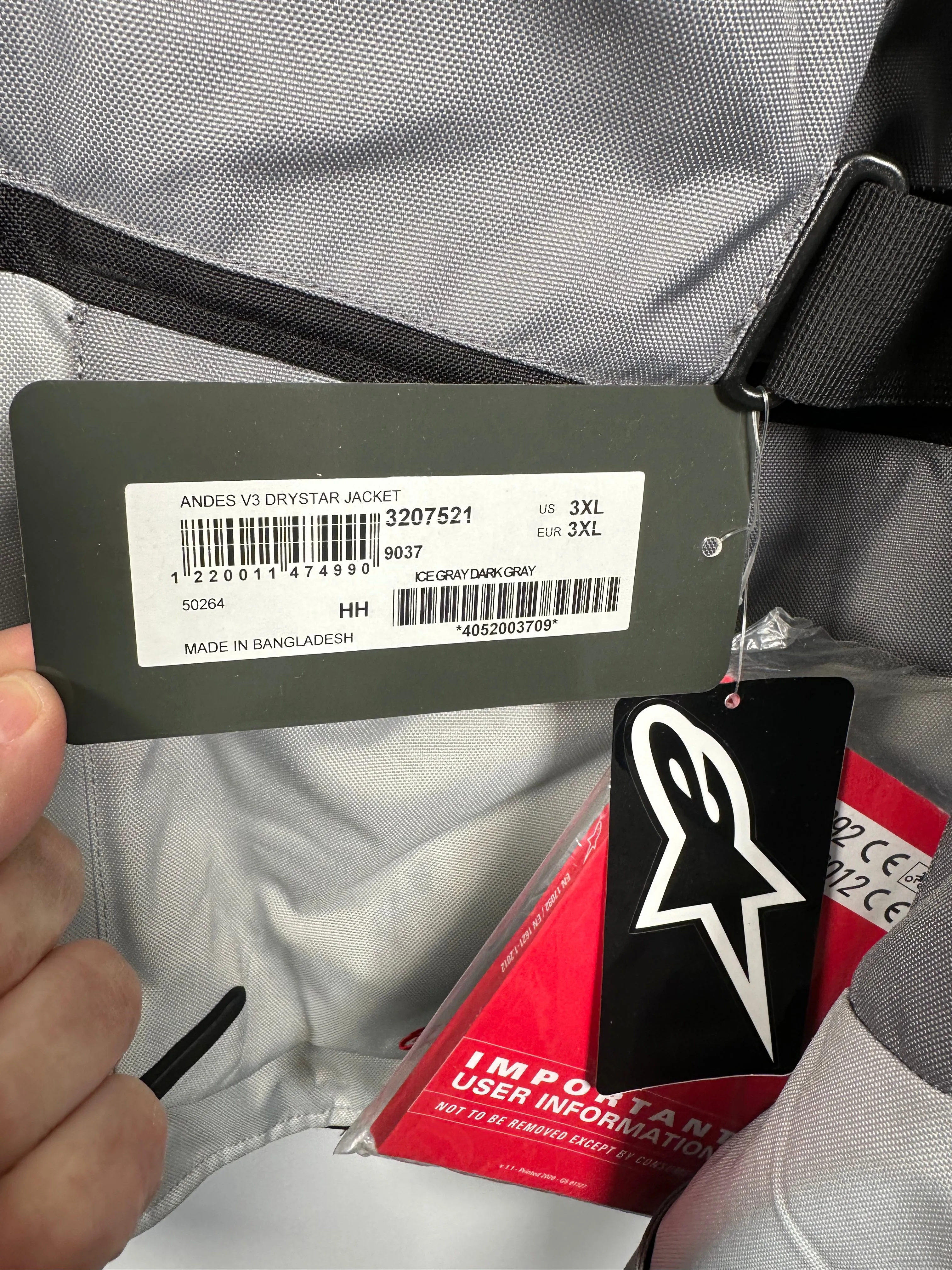 Alpinestars Andes V3 Drystar Jacket - Ice Gray/Dark Gray - Size 3XL - OPEN BOX