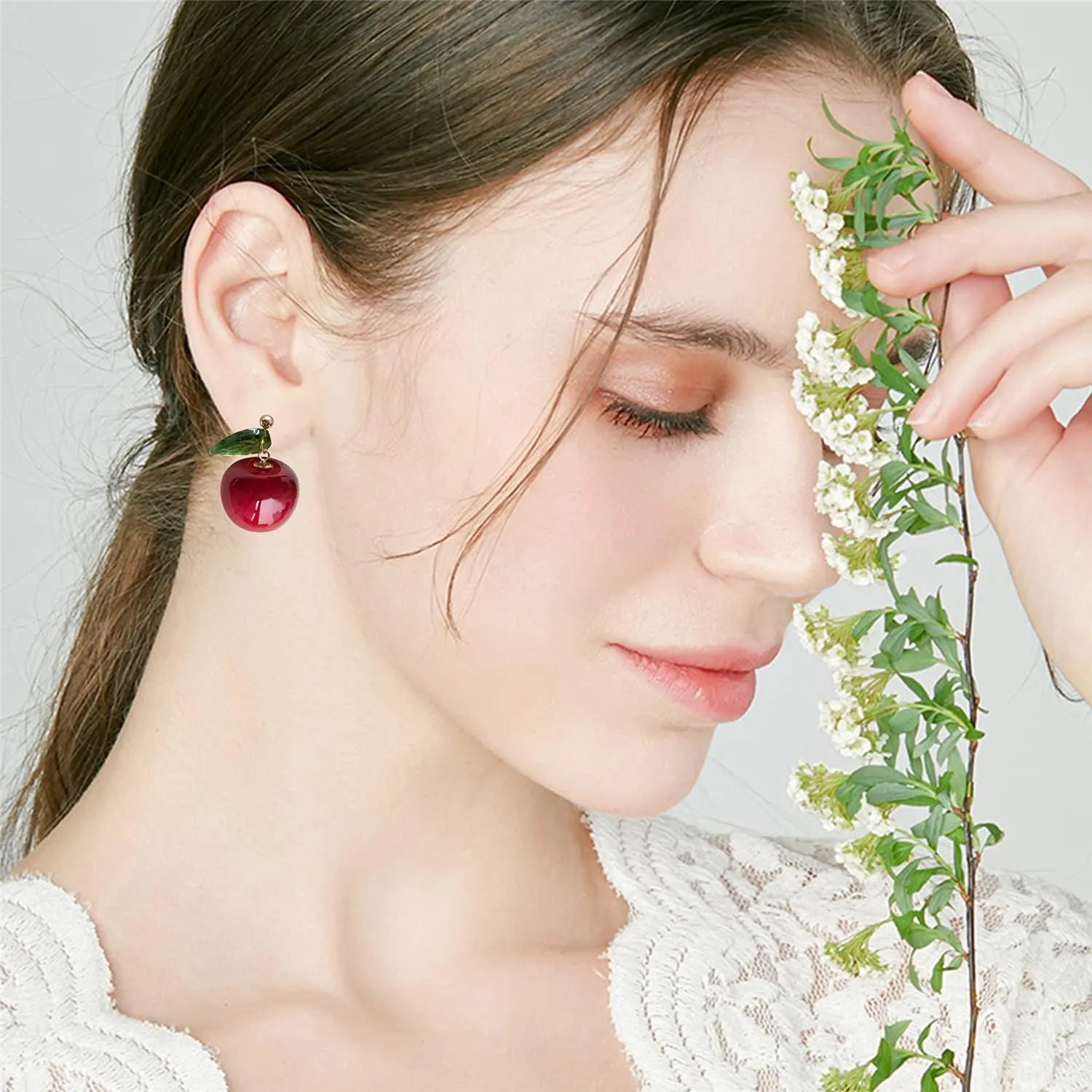 ANDPAI 18K Gold Plated Fruit Earring 3D Green Leaf Red Cherry Charm Tassel Dangle Drop Stud Earrings for Women