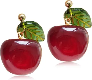 ANDPAI 18K Gold Plated Fruit Earring 3D Green Leaf Red Cherry Charm Tassel Dangle Drop Stud Earrings for Women