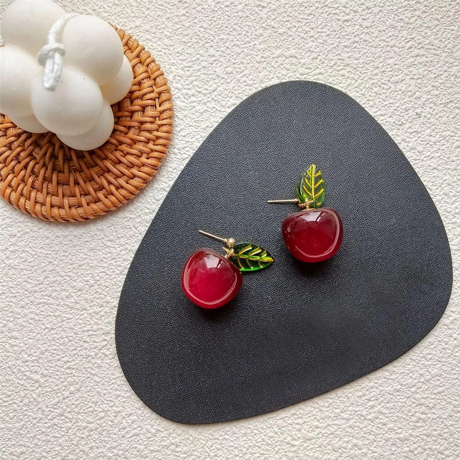 ANDPAI 18K Gold Plated Fruit Earring 3D Green Leaf Red Cherry Charm Tassel Dangle Drop Stud Earrings for Women