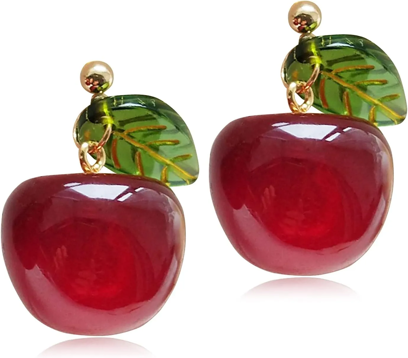 ANDPAI 18K Gold Plated Fruit Earring 3D Green Leaf Red Cherry Charm Tassel Dangle Drop Stud Earrings for Women
