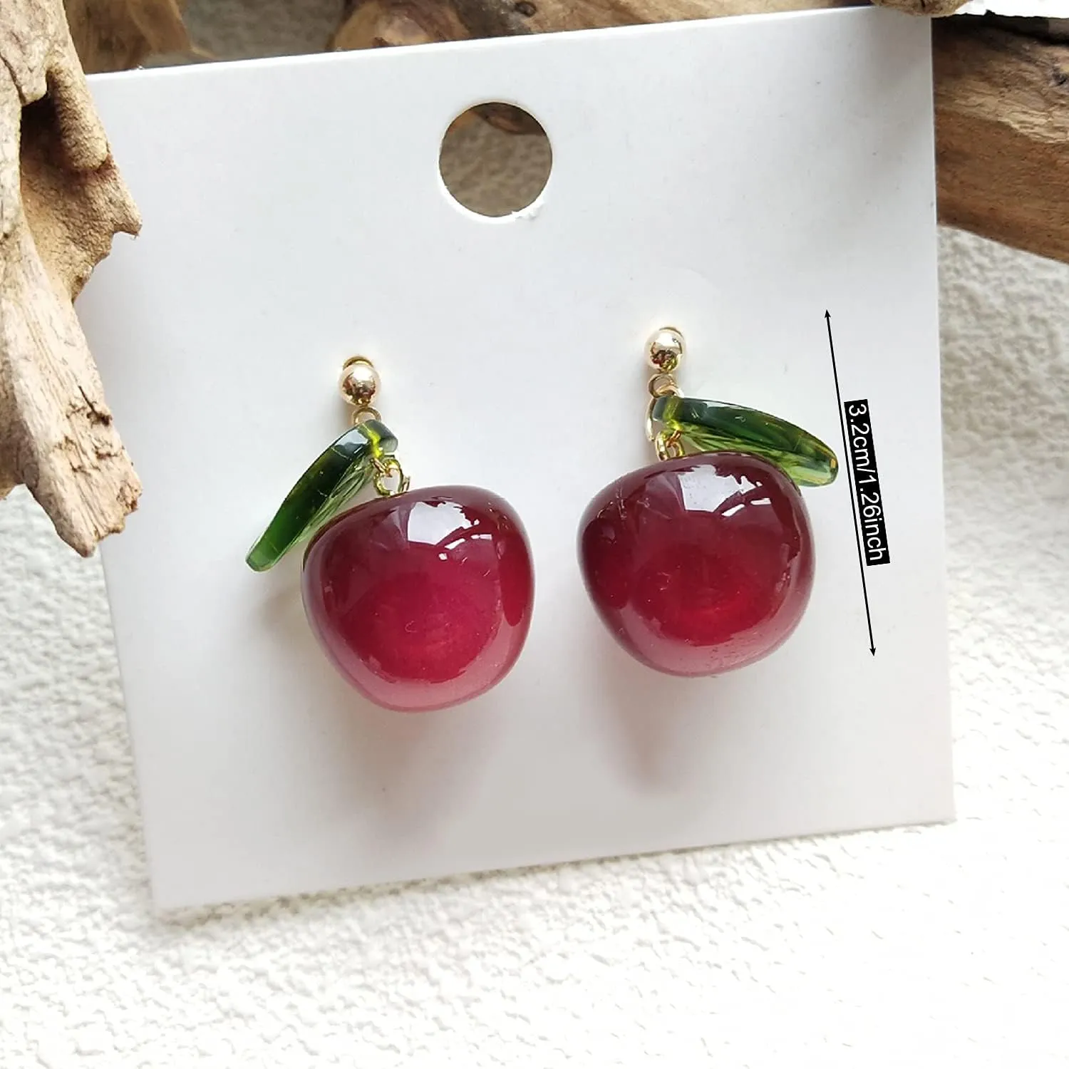 ANDPAI 18K Gold Plated Fruit Earring 3D Green Leaf Red Cherry Charm Tassel Dangle Drop Stud Earrings for Women