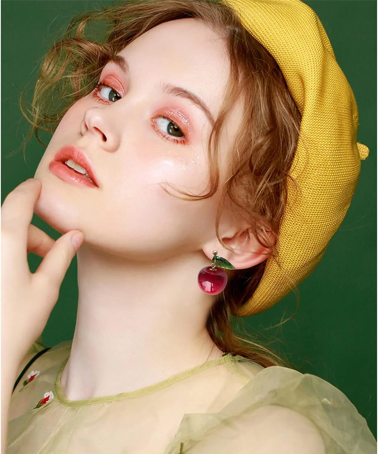 ANDPAI 18K Gold Plated Fruit Earring 3D Green Leaf Red Cherry Charm Tassel Dangle Drop Stud Earrings for Women
