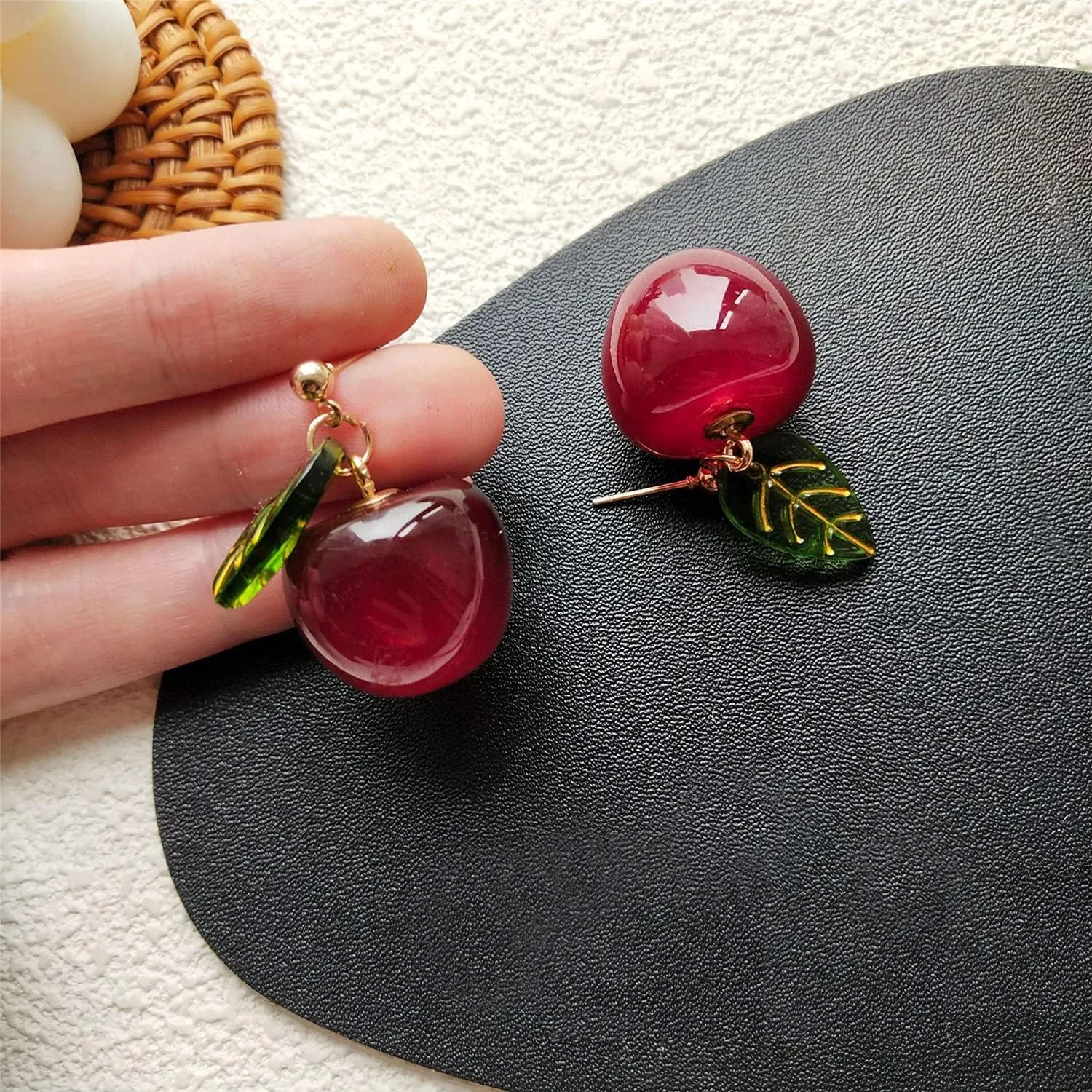 ANDPAI 18K Gold Plated Fruit Earring 3D Green Leaf Red Cherry Charm Tassel Dangle Drop Stud Earrings for Women