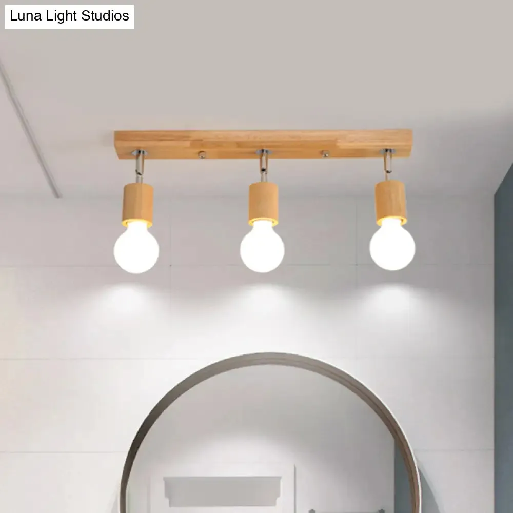 Asian Wood 3-Head Rotatable Flushmount Ceiling Lamp with Bare Bulb Design – Modern & Elegant Bathroom Flush Light Fixture