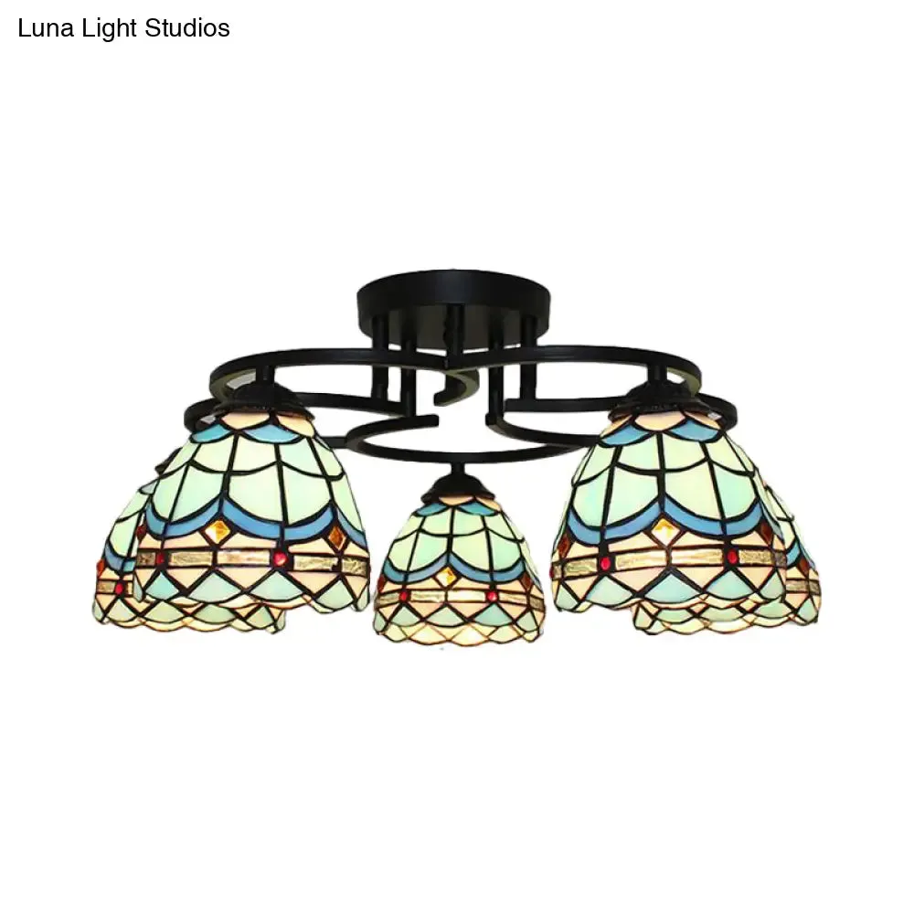 Baroque Glass Grid Pattern Semi Flush Light Fixture - 5 Lights - Blue/Light Blue - Black Ceiling Mount for Bedroom