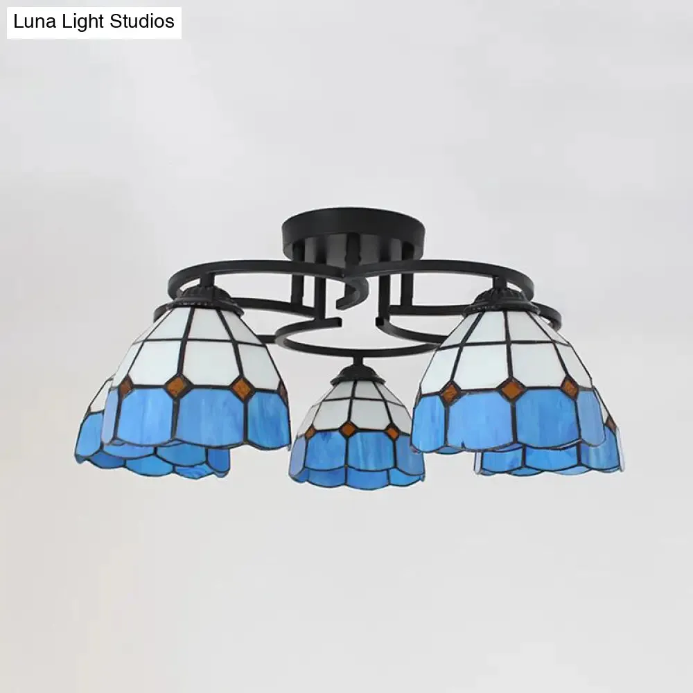 Baroque Glass Grid Pattern Semi Flush Light Fixture - 5 Lights - Blue/Light Blue - Black Ceiling Mount for Bedroom