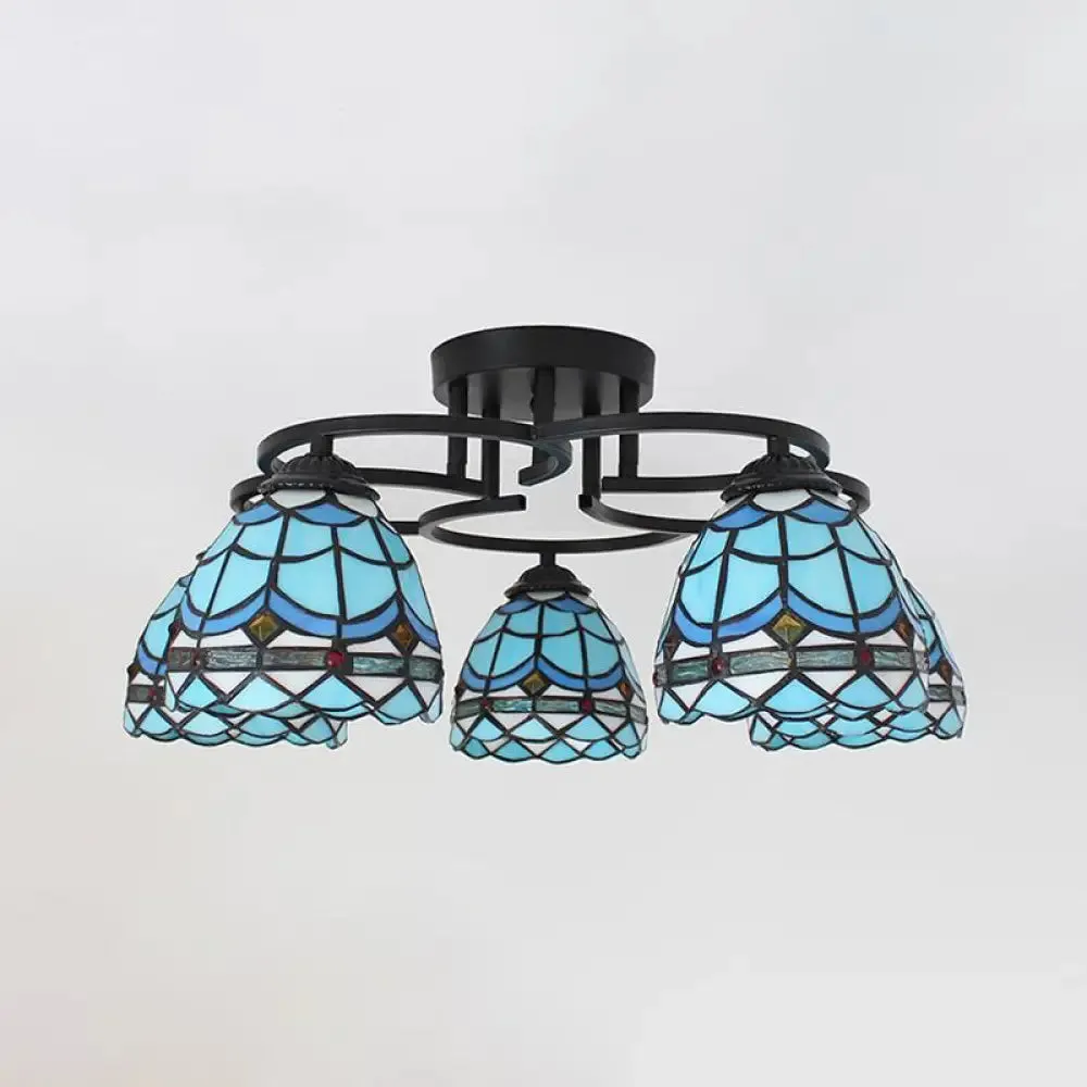 Baroque Glass Grid Pattern Semi Flush Light Fixture - 5 Lights - Blue/Light Blue - Black Ceiling Mount for Bedroom
