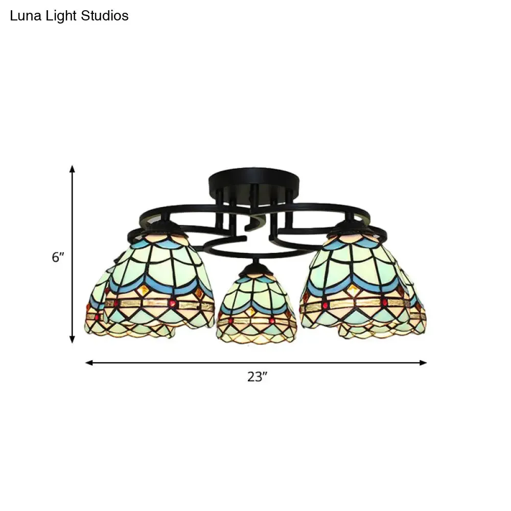 Baroque Glass Grid Pattern Semi Flush Light Fixture - 5 Lights - Blue/Light Blue - Black Ceiling Mount for Bedroom