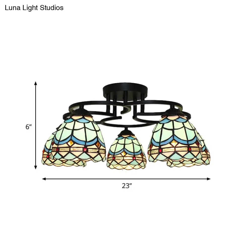 Baroque Glass Grid Pattern Semi Flush Light Fixture - 5 Lights - Blue/Light Blue - Black Ceiling Mount for Bedroom