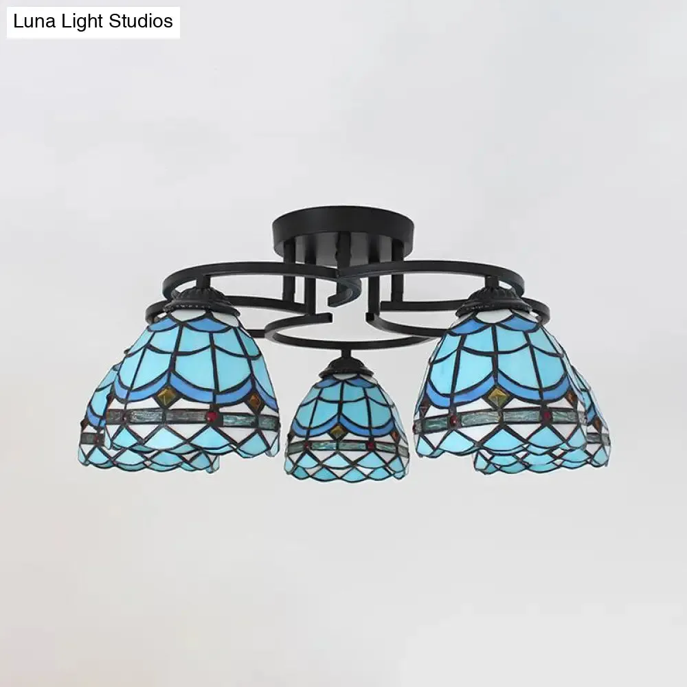 Baroque Glass Grid Pattern Semi Flush Light Fixture - 5 Lights - Blue/Light Blue - Black Ceiling Mount for Bedroom