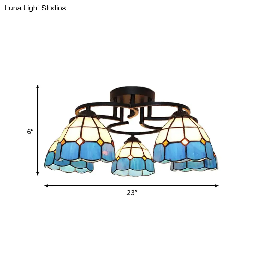 Baroque Glass Grid Pattern Semi Flush Light Fixture - 5 Lights - Blue/Light Blue - Black Ceiling Mount for Bedroom