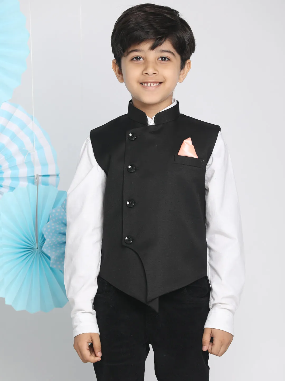Boy's Black Cotton Blend Nehru Jacket - JBN Creation
