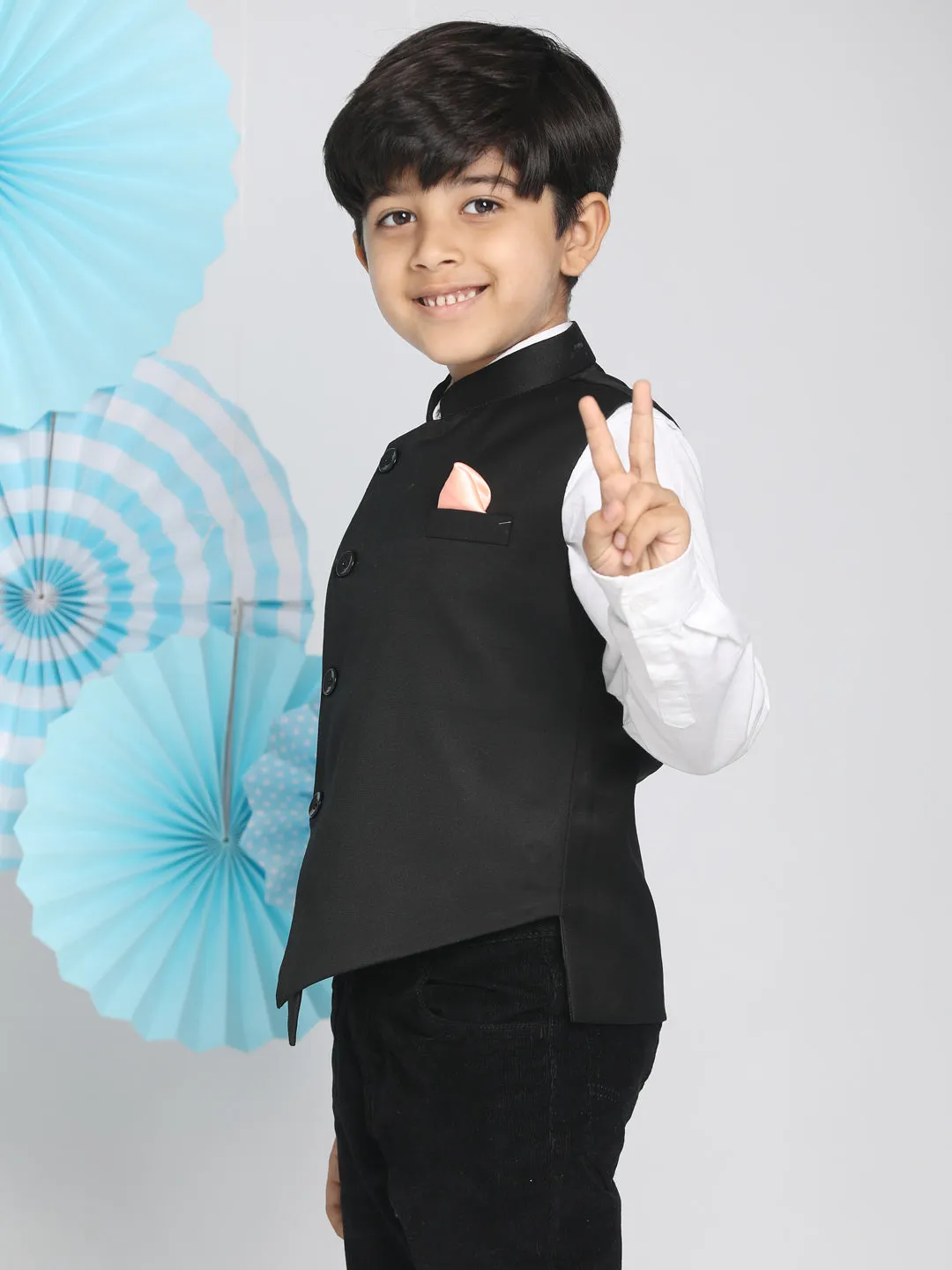 Boy's Black Cotton Blend Nehru Jacket - JBN Creation