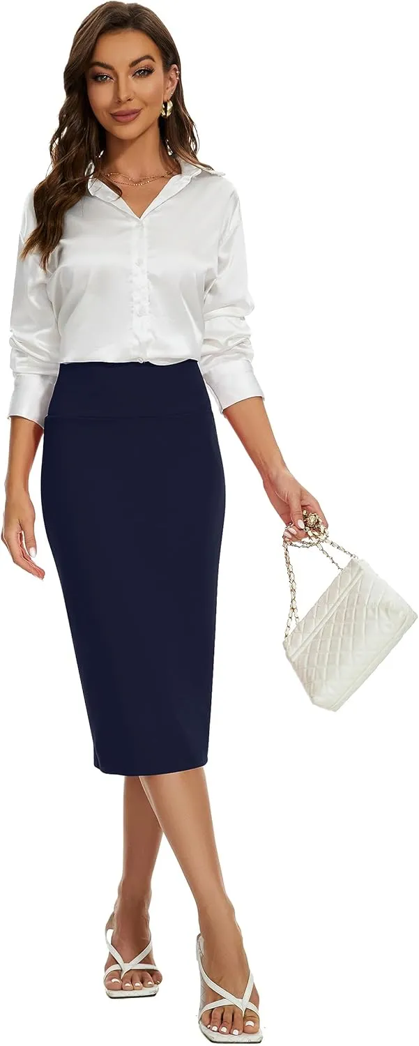 BSXIJIE Womens High Waist Stretch Office Work Pencil Skirt Midi Nylon Ponte Bodycon Skirt