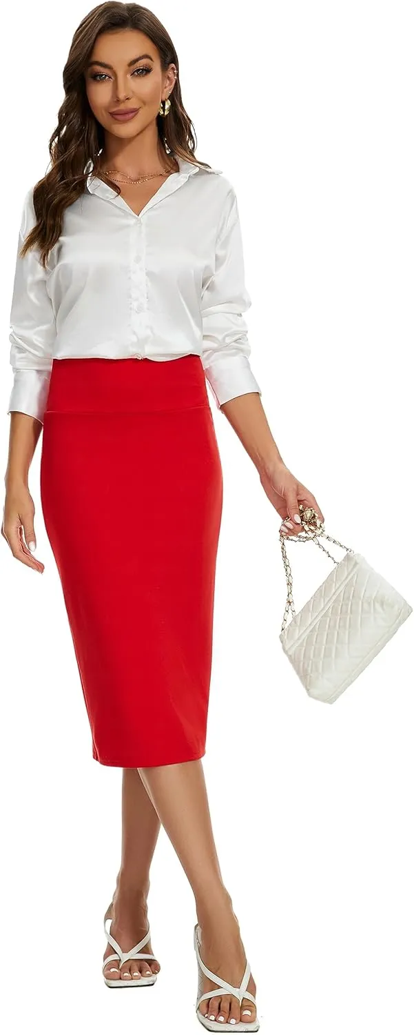 BSXIJIE Womens High Waist Stretch Office Work Pencil Skirt Midi Nylon Ponte Bodycon Skirt