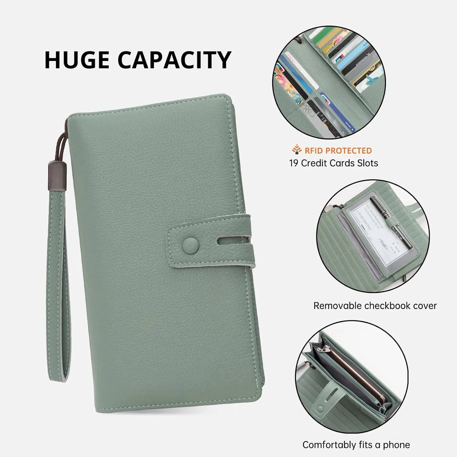 Bveyzi Women's Big Fat Rfid Leather Wristlet Wallet Organizer Large Phone Checkbook Holder with Zipper Pocket (Mint Green)