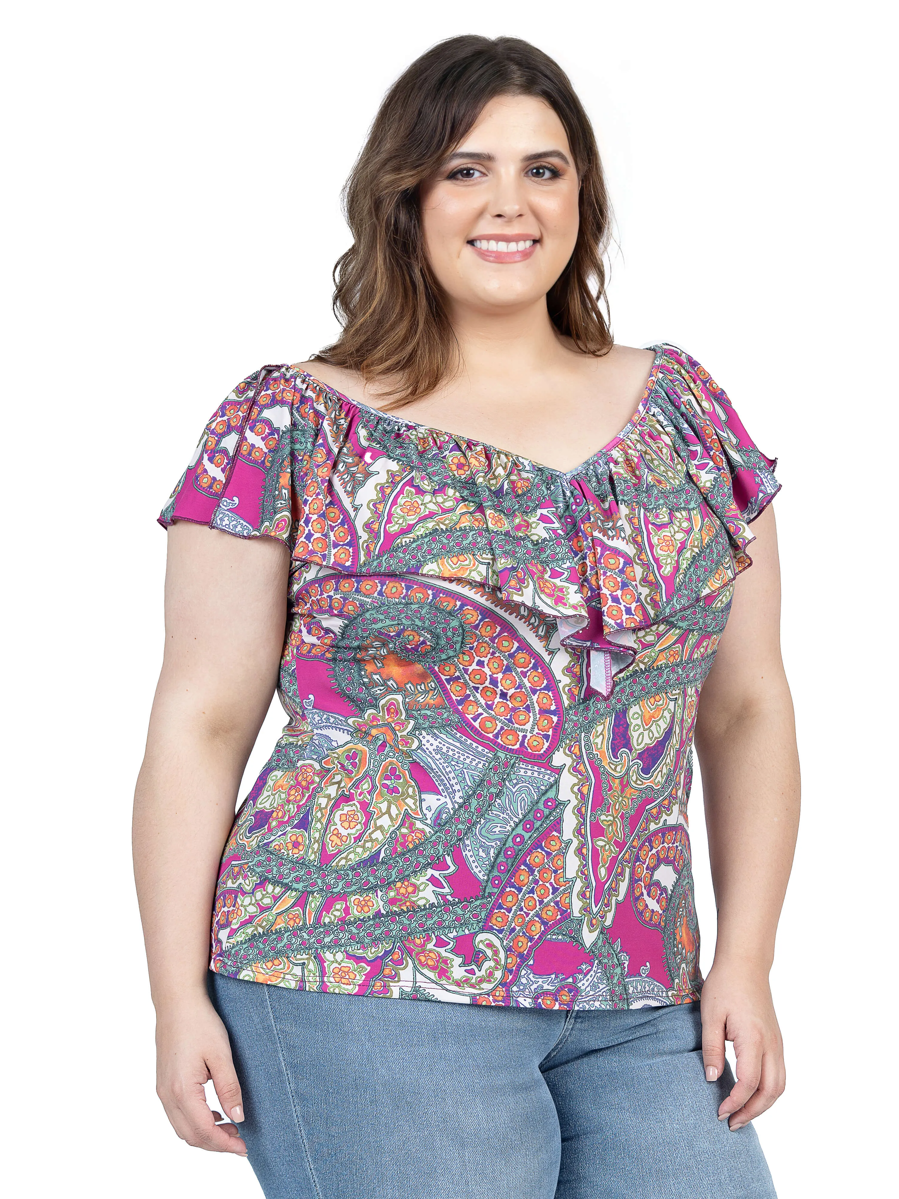Cap Sleeve Pink Paisley Print Ruffle V Neck Plus Size Top