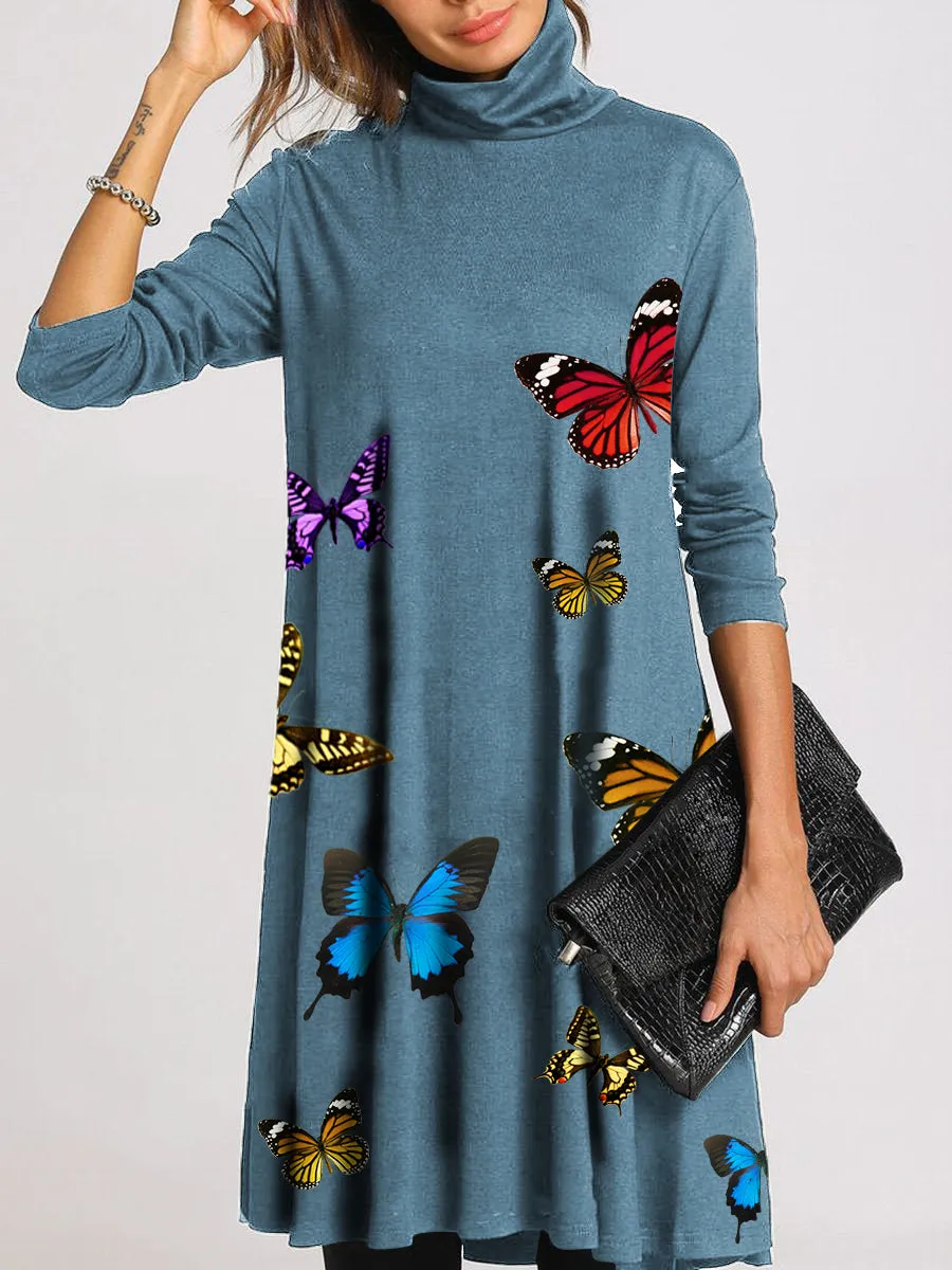 Casual Loose Comfortable High Neck Butterfly Dress