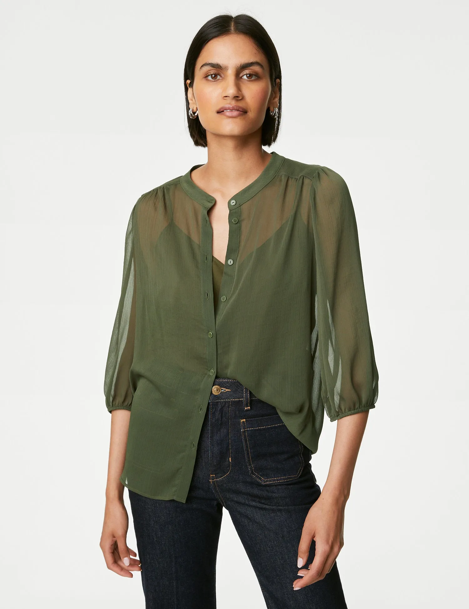 Crew Neck Button Through Blouse