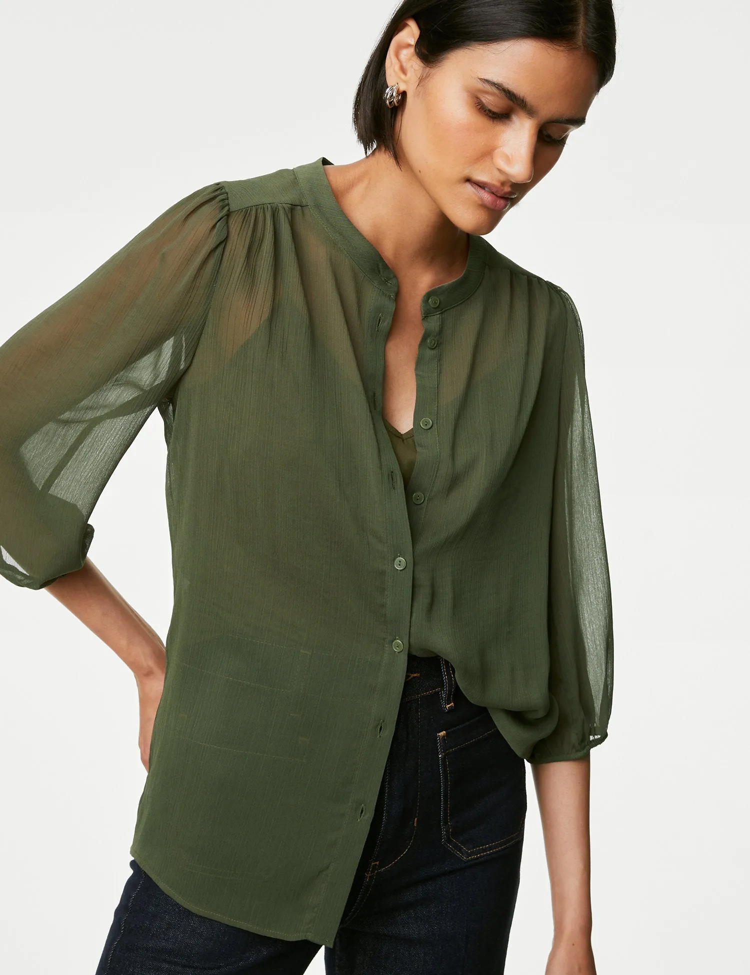 Crew Neck Button Through Blouse