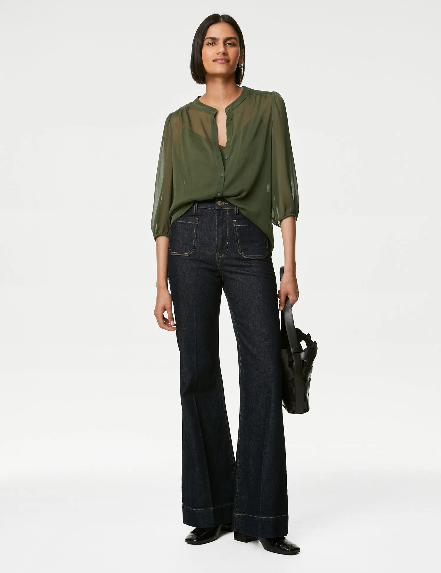 Crew Neck Button Through Blouse